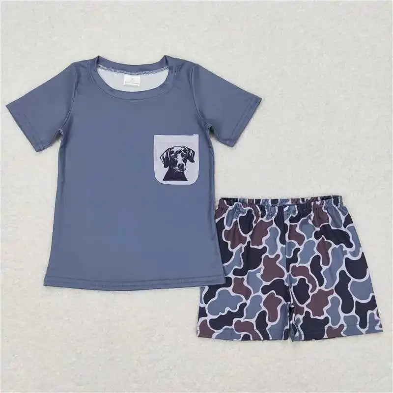 wholesale hot sale western boutique baby boys clothes Embroidered fishing puppy truck grey short sleeve blue striped shorts sets