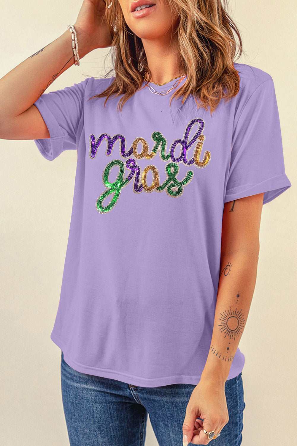 White Sequin mardi gras Letter Print Crewneck Tee