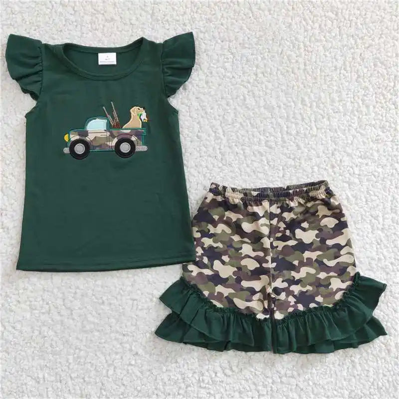 wholesale hot sale kids western boutique outfits children clothing Baby Girls Blue Stripes Dog Tunic Ruffle Shorts Clothes Sets