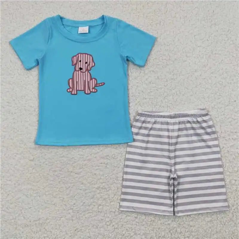 wholesale hot sale western boutique baby boys clothes Embroidered fishing puppy truck grey short sleeve blue striped shorts sets