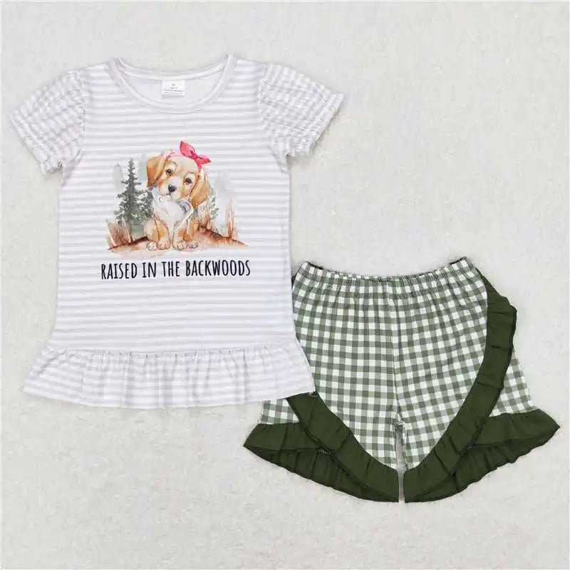 wholesale hot sale kids western boutique outfits children clothing Baby Girls Blue Stripes Dog Tunic Ruffle Shorts Clothes Sets