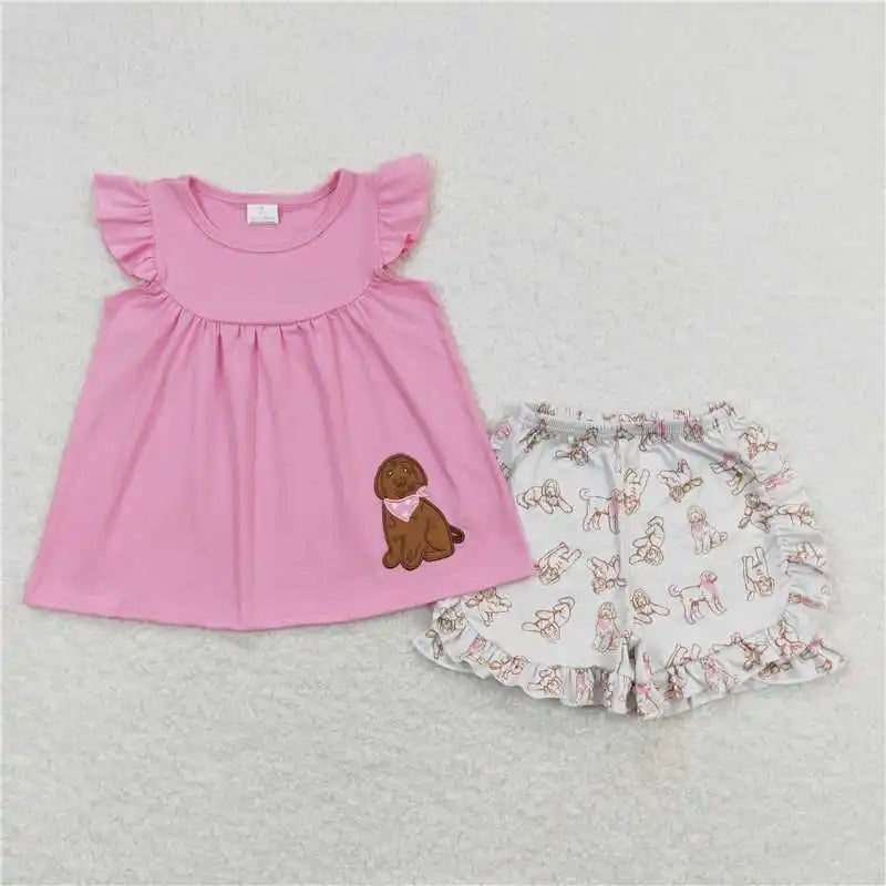 wholesale hot sale kids western boutique outfits children clothing Baby Girls Blue Stripes Dog Tunic Ruffle Shorts Clothes Sets