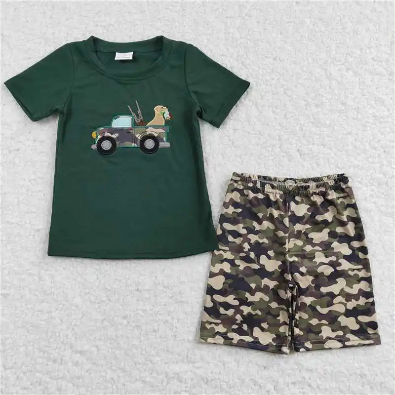 wholesale hot sale western boutique baby boys clothes Embroidered fishing puppy truck grey short sleeve blue striped shorts sets