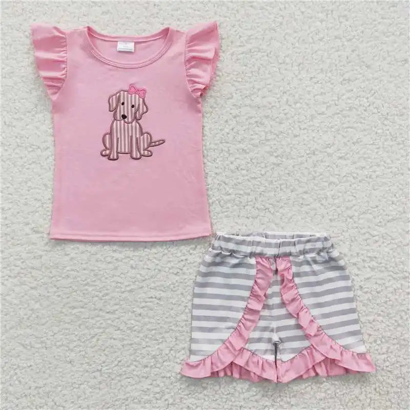 wholesale hot sale kids western boutique outfits children clothing Baby Girls Blue Stripes Dog Tunic Ruffle Shorts Clothes Sets