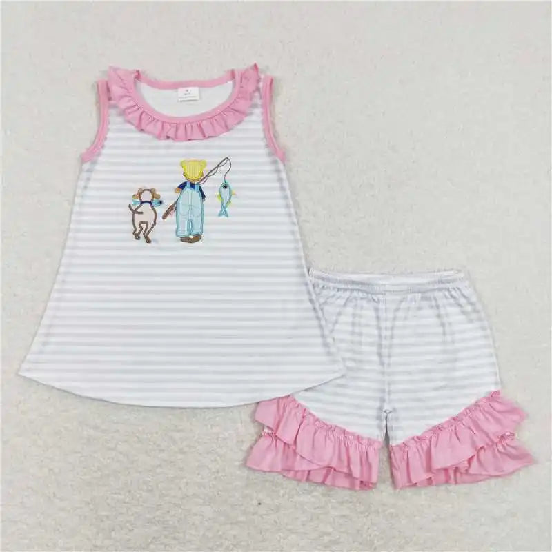 wholesale hot sale kids western boutique outfits children clothing Baby Girls Blue Stripes Dog Tunic Ruffle Shorts Clothes Sets