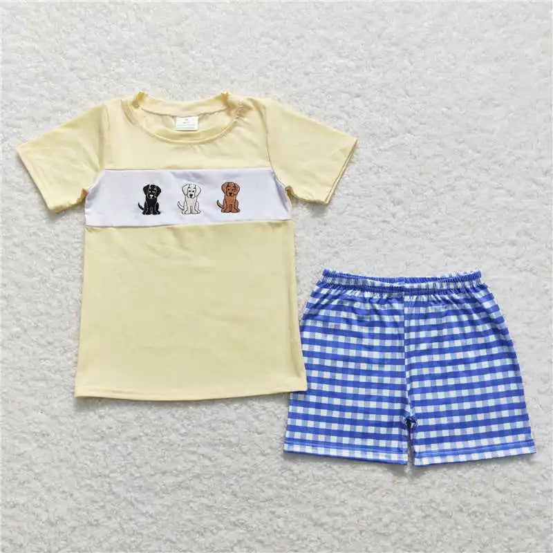 wholesale hot sale western boutique baby boys clothes Embroidered fishing puppy truck grey short sleeve blue striped shorts sets