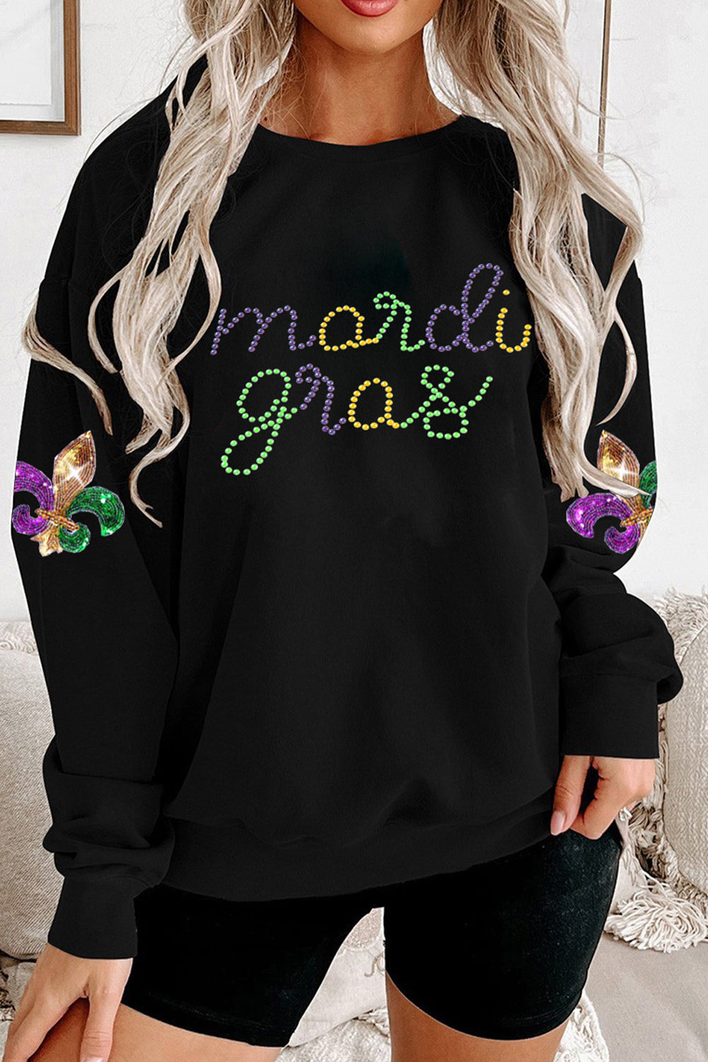 Black Solid Color mardi gras Printed Round Neck Casual Sweatshirt