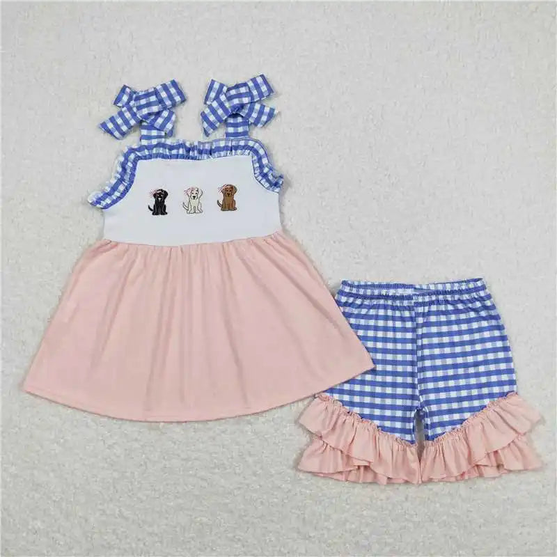 wholesale hot sale kids western boutique outfits children clothing Baby Girls Blue Stripes Dog Tunic Ruffle Shorts Clothes Sets