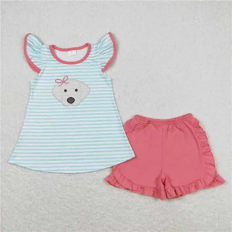 wholesale hot sale kids western boutique outfits children clothing Baby Girls Blue Stripes Dog Tunic Ruffle Shorts Clothes Sets