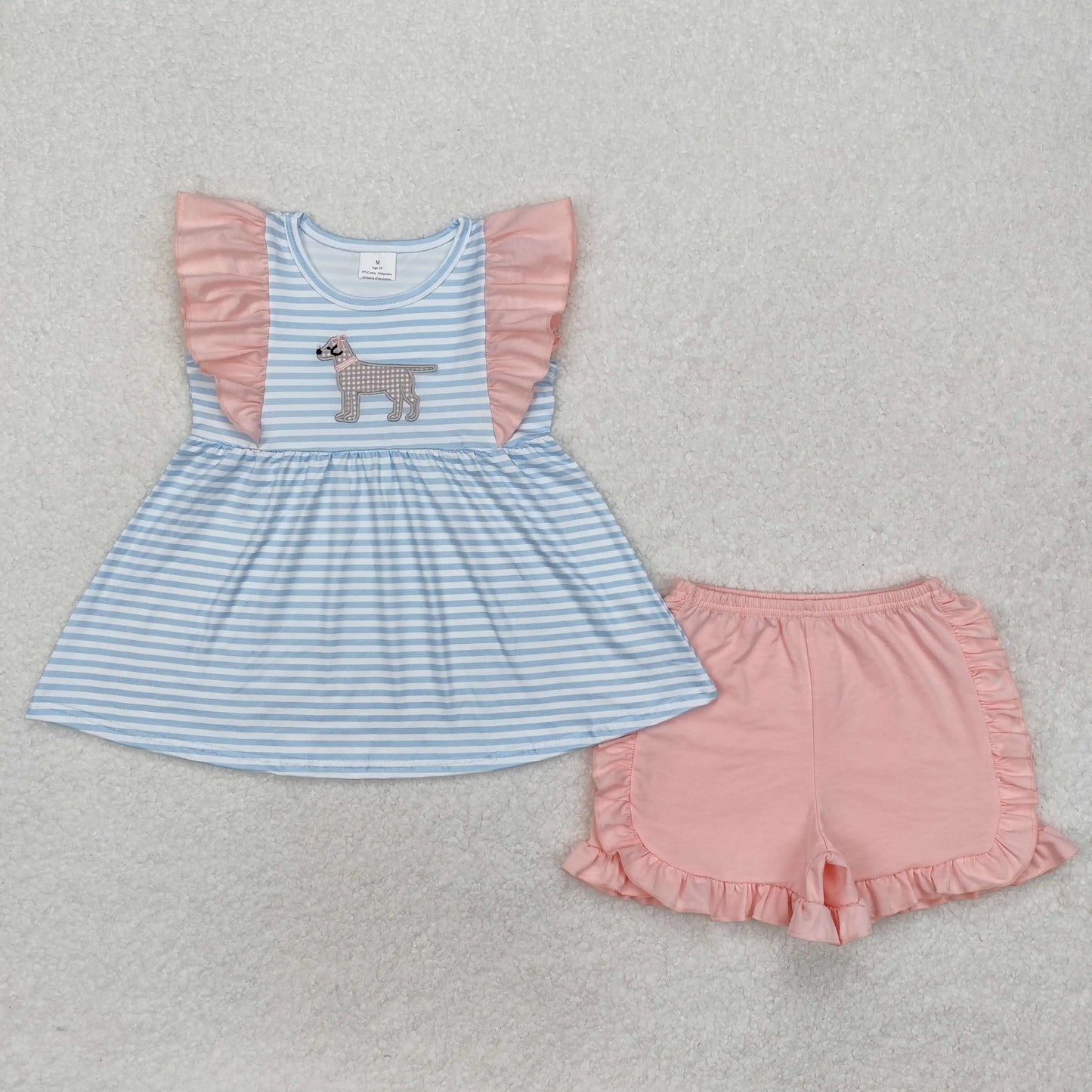 wholesale hot sale kids western boutique outfits children clothing Baby Girls Blue Stripes Dog Tunic Ruffle Shorts Clothes Sets