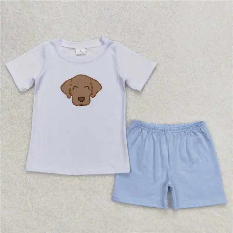 wholesale hot sale western boutique baby boys clothes Embroidered fishing puppy truck grey short sleeve blue striped shorts sets