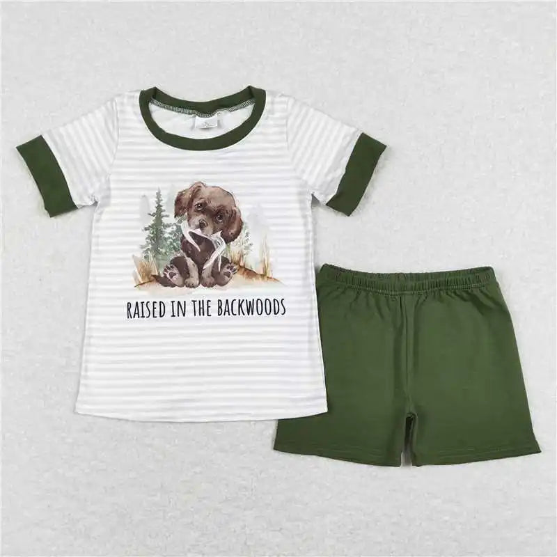 wholesale hot sale western boutique baby boys clothes Embroidered fishing puppy truck grey short sleeve blue striped shorts sets