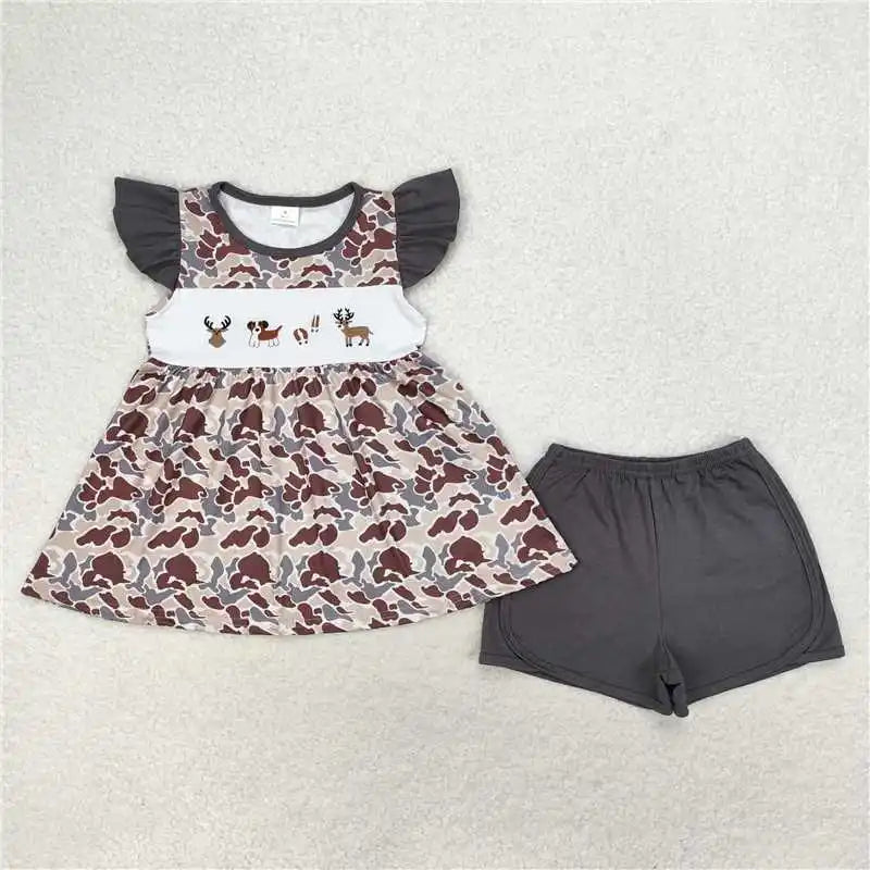 wholesale hot sale kids western boutique outfits children clothing Baby Girls Blue Stripes Dog Tunic Ruffle Shorts Clothes Sets