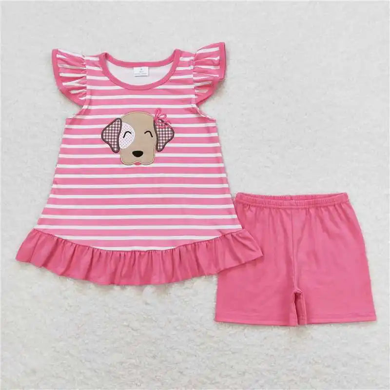 wholesale hot sale kids western boutique outfits children clothing Baby Girls Blue Stripes Dog Tunic Ruffle Shorts Clothes Sets