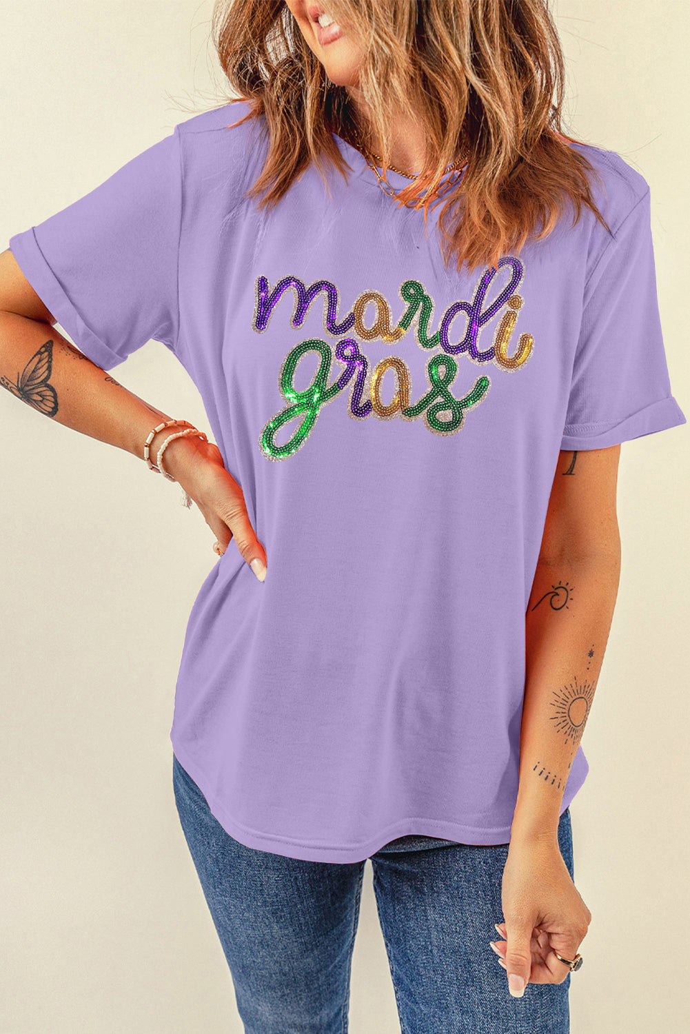 White Sequin mardi gras Letter Print Crewneck Tee