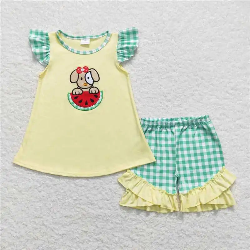 wholesale hot sale kids western boutique outfits children clothing Baby Girls Blue Stripes Dog Tunic Ruffle Shorts Clothes Sets